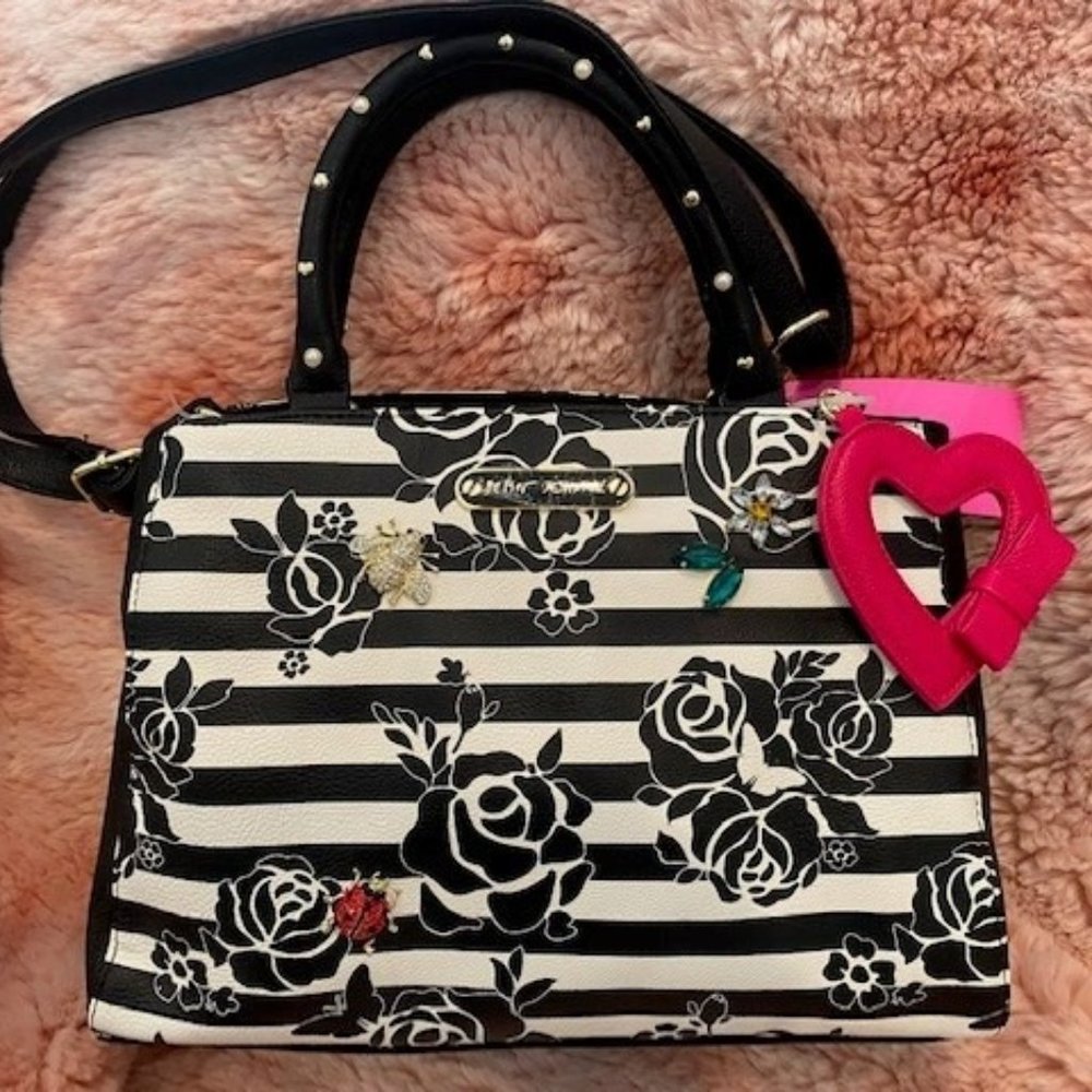 Betsey Johnson Black and White striped Satchel Bag